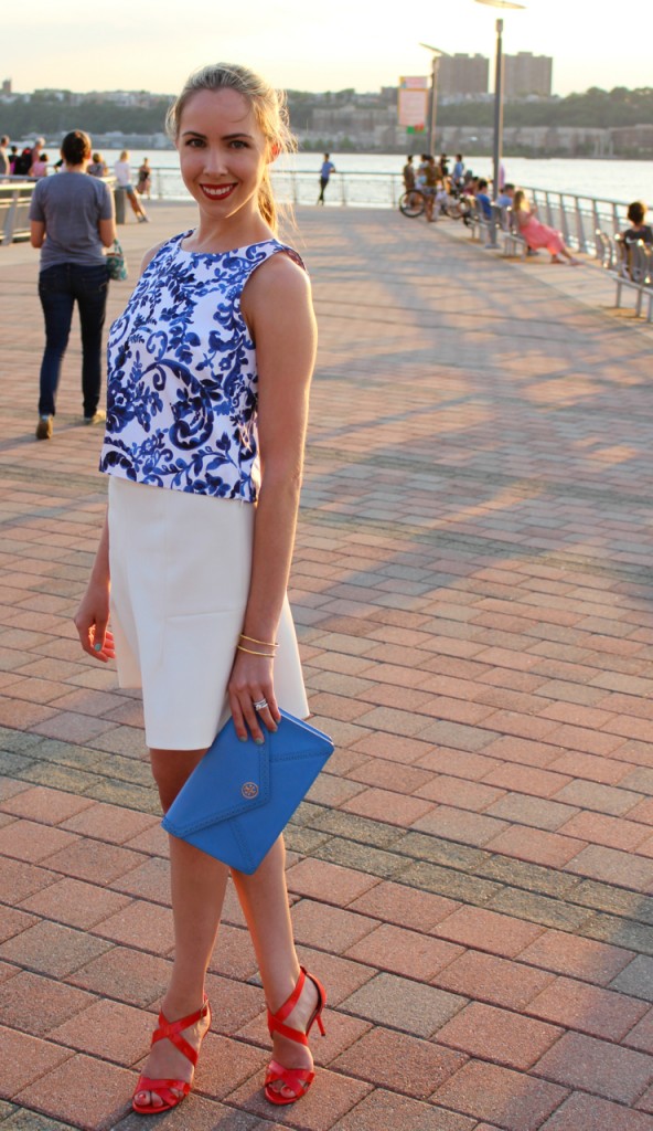 Milly Crop Top  J Crew Fluted Skirt Tory Burch Robinson Clutch