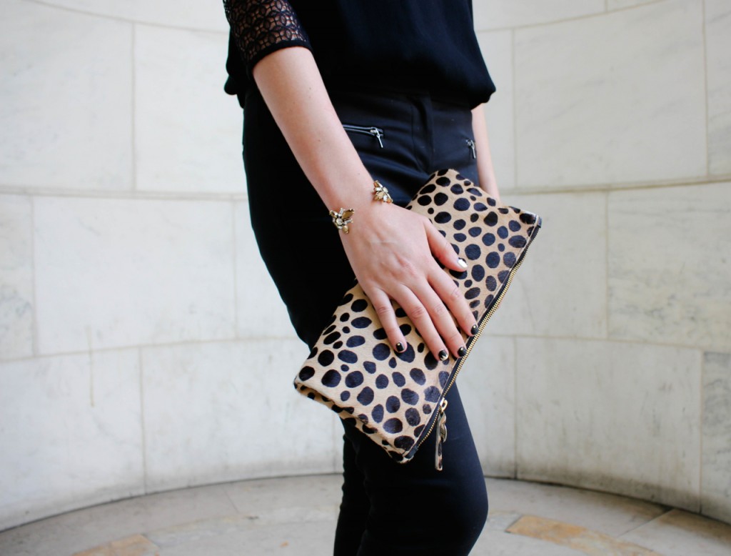 Rebecca Taylor Lace Sleeve Silk Trip Crepe Top | Club Monaco Emily Pant | Clare Vivier Leopard Foldover Clutch | J Crew Double End Crystal Cuff