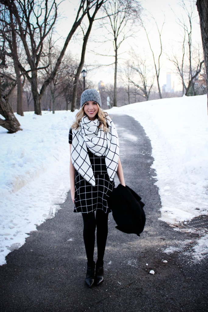 Comptoir Des Cotonniers Silk Dress in Minimal Check | Club Monaco Colleen Cashmere Hat | ASOS Oversized Grid Check Square Scarf | Windowpane Print | Vince Calla Booties